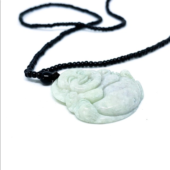 Buddha Natural Grade A Jade On Black Bead Necklace - Picture 3 of 7
